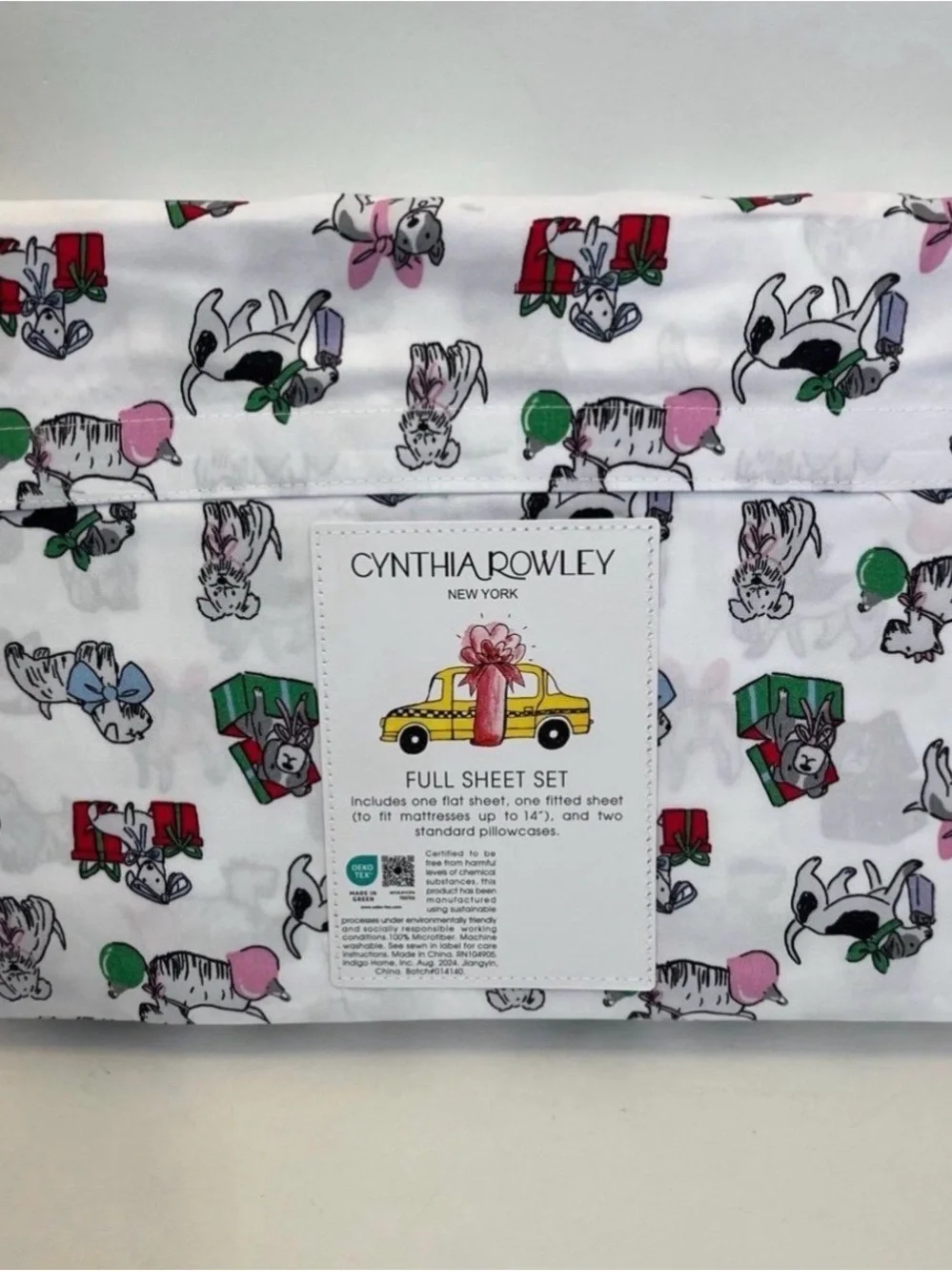 Cynthia Rowley Puppy Cheer Full Size Sheet Set Presents Bows Ornaments Gifts